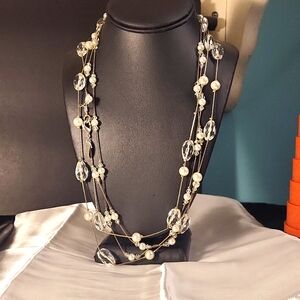 113. Talbot's 48" Double Strand Silvertone Faceted Glass Flapper Necklace